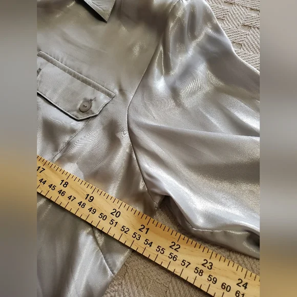 Y2K Notations Metallic Silver Shimmer Button-Front Blouse with Roll-Tab Sleeves - Picture 12 of 15